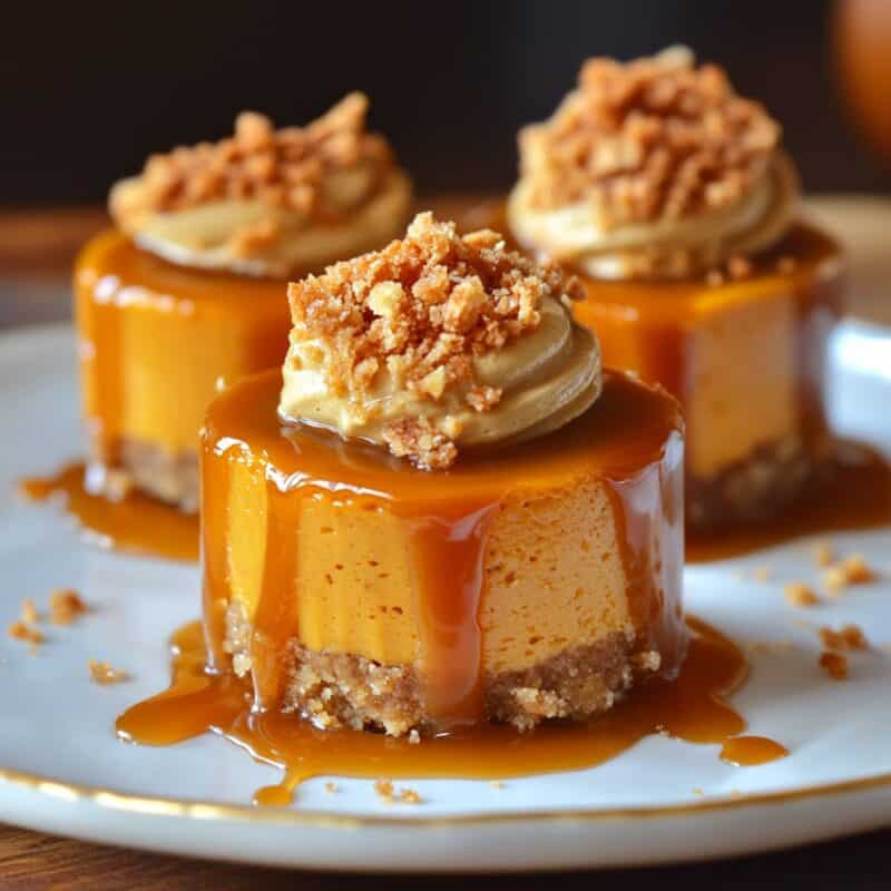 Three mini pumpkin cheesecakes topped with caramel sauce and crushed nuts on a white plate. These irresistible Thanksgiving potluck desserts are perfect for any holiday gathering.