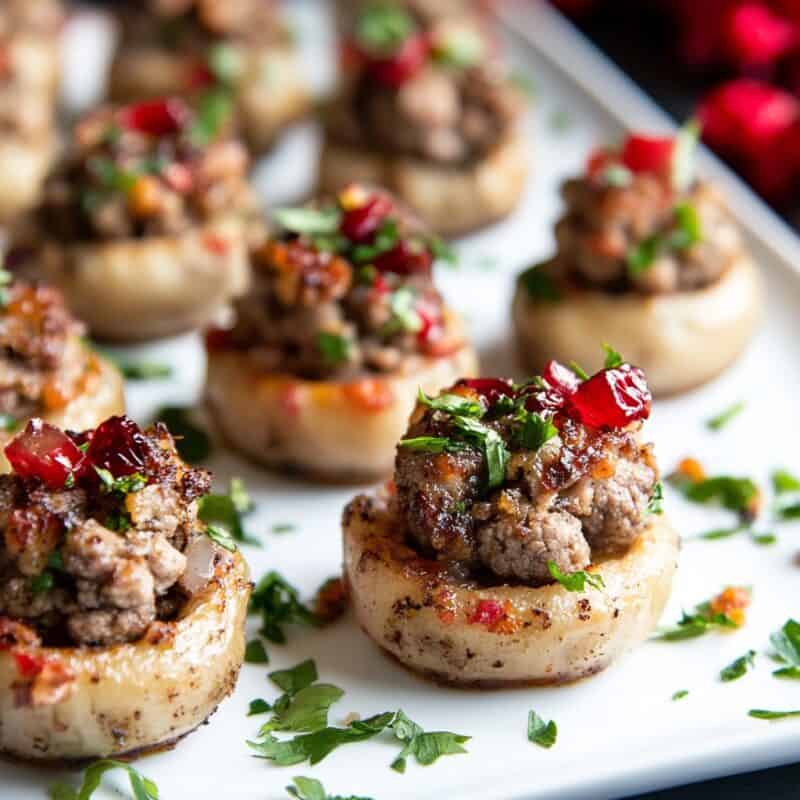 Keto Thanksgiving Appetizers featuring A platter of keto stuffed mushrooms topped with ground meat, finely chopped vegetables, and fresh herbs. The mushrooms are perfectly cooked, with a golden-brown exterior, and are garnished with bright red bits of bell pepper and green parsley, adding a pop of color. The dish is arranged neatly on a white serving plate, creating an appetizing and visually appealing appetizer for a Thanksgiving or holiday gathering.