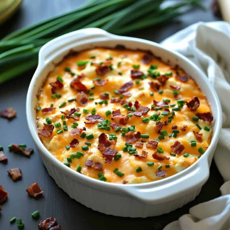 The image shows a freshly baked dish of Loaded Cauliflower in a white, oval-shaped baking dish. The dish is topped with melted cheddar cheese, crispy bacon bits, and chopped green chives, creating a colorful and appetizing appearance. The golden cheese and vibrant toppings make it a perfect, savory low-carb and keto-friendly side dish, ideal for any meal or gathering. The dish is set against a dark background, with some bacon bits scattered around, enhancing its rustic, homemade appeal.