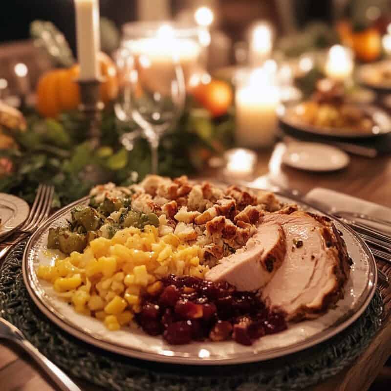 A cozy Thanksgiving dinner plate with sliced turkey, stuffing, corn, cranberry sauce, and green beans, highlighting Make Ahead Thanksgiving Recipes, surrounded by a warm, candlelit table setting with pumpkins and greenery.