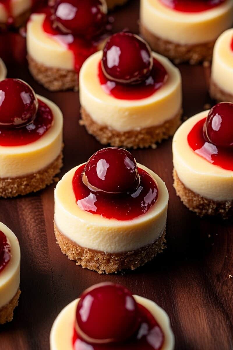 Close-up of mini cheesecakes topped with a glossy red cherry and cherry sauce, showcasing their smooth, creamy texture on a graham cracker crust. The rich colors of the cherries contrast beautifully with the light cheesecake.