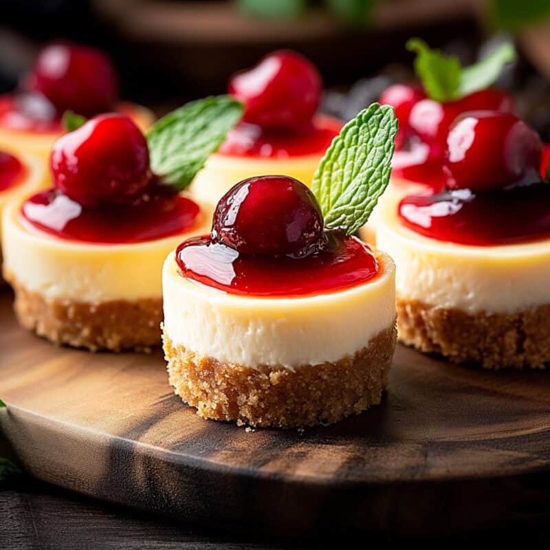 A collection of mini cheesecakes displayed on a rustic wooden board, topped with cherries and fresh mint leaves. The cheesecakes have a vibrant, fresh appearance with the bright red cherries standing out against the creamy filling.