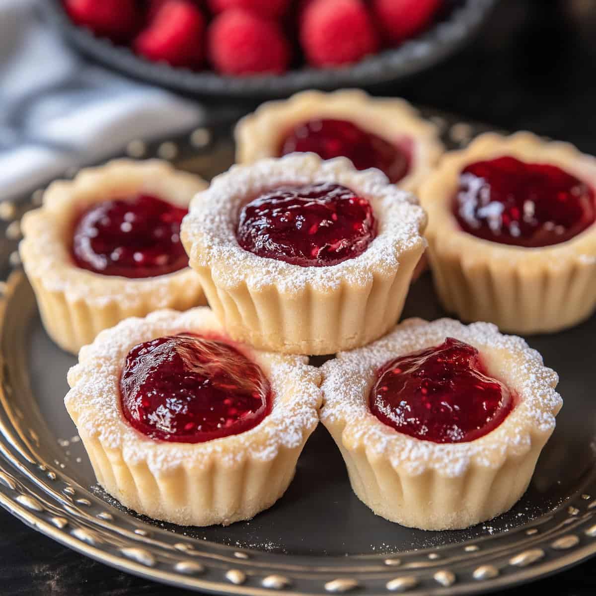 Plate of mini raspberry almond tarts, showcasing their golden crusts and glistening raspberry jam centers, elegantly arranged and dusted with powdered sugar.