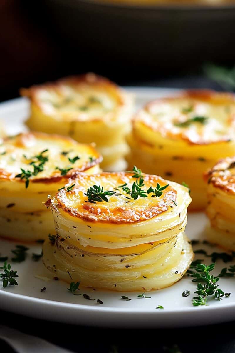 Close-up of Mini Stacked Potato Gratins With Cheese on a white plate, garnished with fresh thyme, showcasing the golden brown tops and neatly layered potatoes.