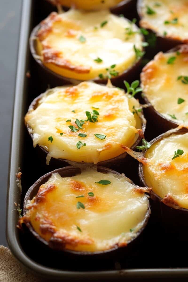 Close-up of Mini Stacked Potato Gratins With Cheese in a muffin tin, topped with fresh herbs and golden, melted cheese, highlighting the creamy layers of potatoes and the crisp edges.