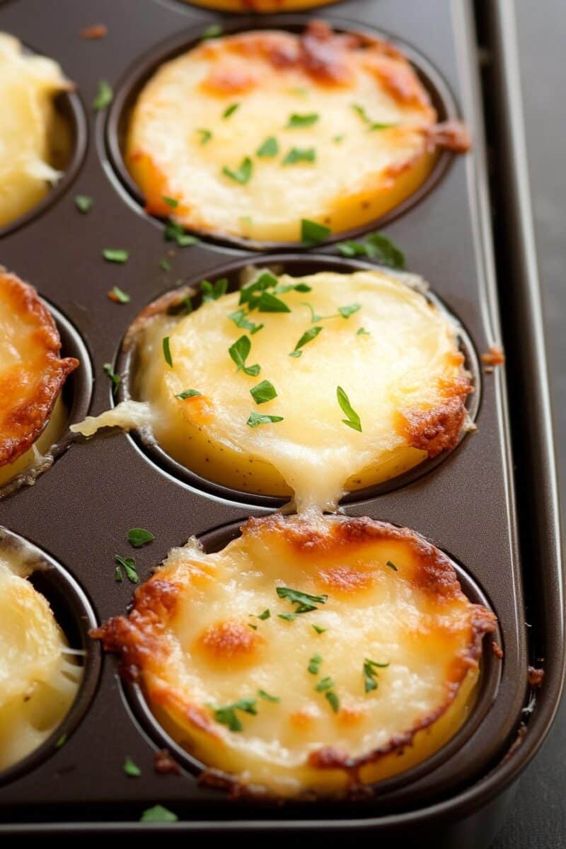 Mini Stacked Potato Gratins With Cheese baked in a muffin tin, with crispy golden tops and garnished with fresh herbs, ready to be served.