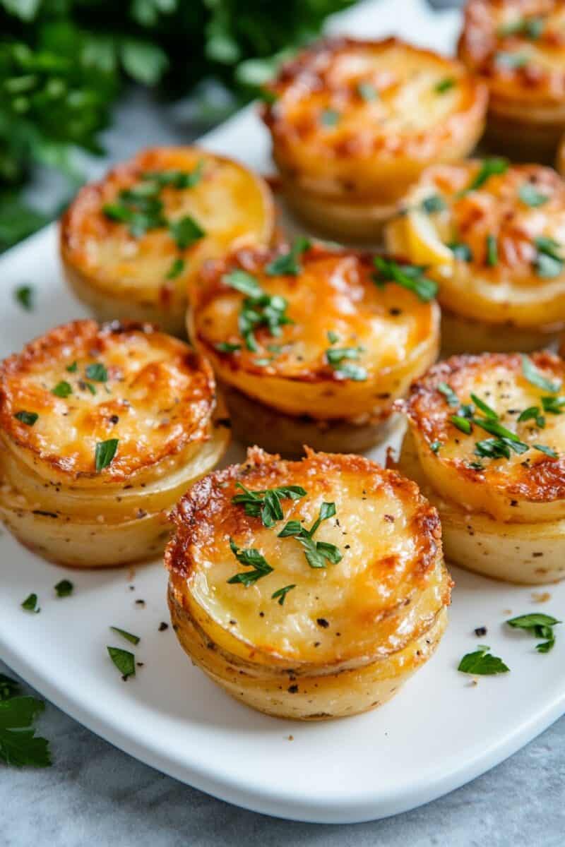 Mini Stacked Potato Gratins With Cheese on a white plate, topped with fresh herbs and golden brown, showcasing layers of creamy potatoes and melted Gruyère.