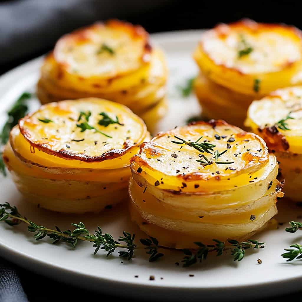 Close-up of Mini Stacked Potato Gratins With Cheese on a white plate, garnished with fresh thyme, highlighting the neatly stacked potato layers and bubbling cheese.