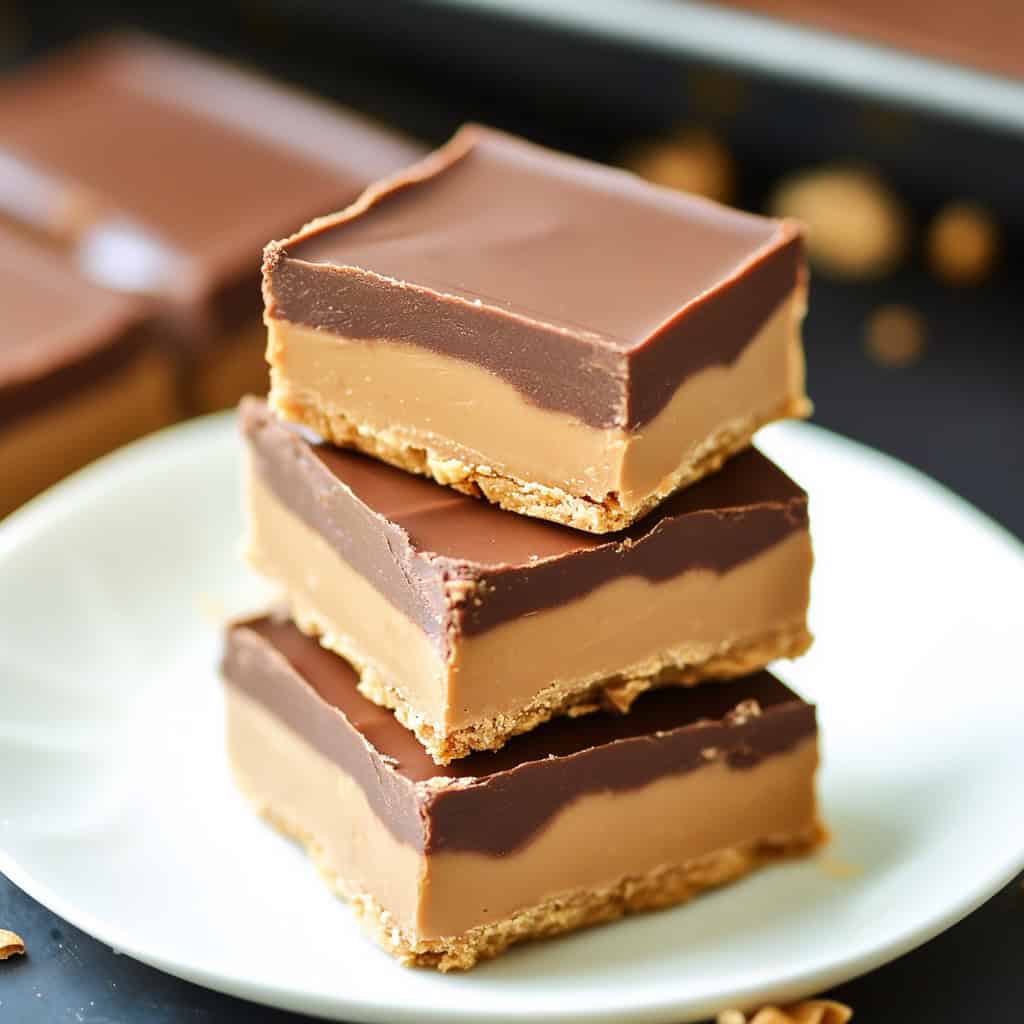 Three No Bake Peanut Butter Bars neatly arranged on a white plate, each bar featuring a firm peanut butter base and a shiny chocolate top.