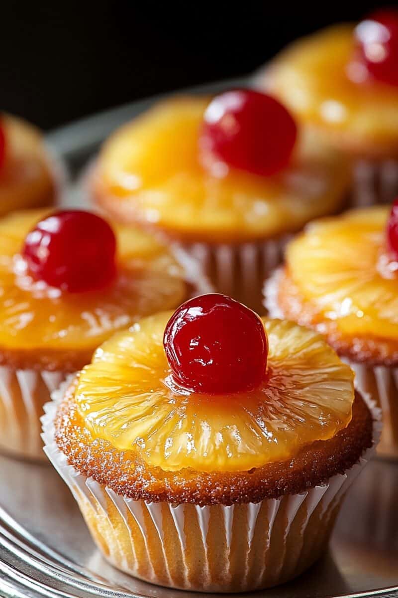 Close-up view of Pineapple Upside Down Cupcakes, featuring a caramelized pineapple ring and a bright red maraschino cherry on top of each golden brown cupcake, arranged on a silver tray.