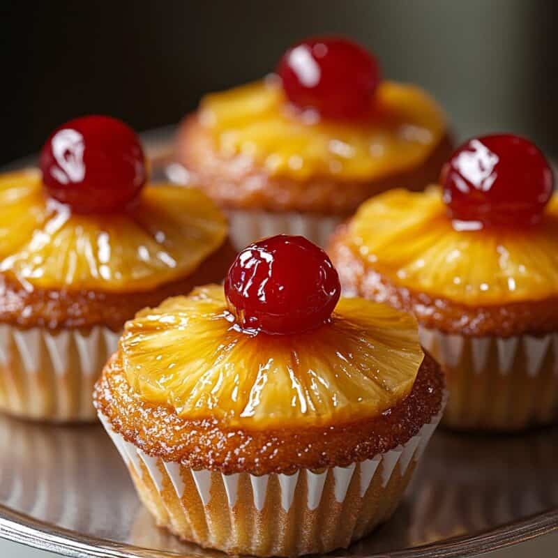 A group of Pineapple Upside Down Cupcakes displayed on a silver tray. Each cupcake is topped with a caramelized pineapple ring and a red maraschino cherry, showcasing their glossy, golden-brown appearance.