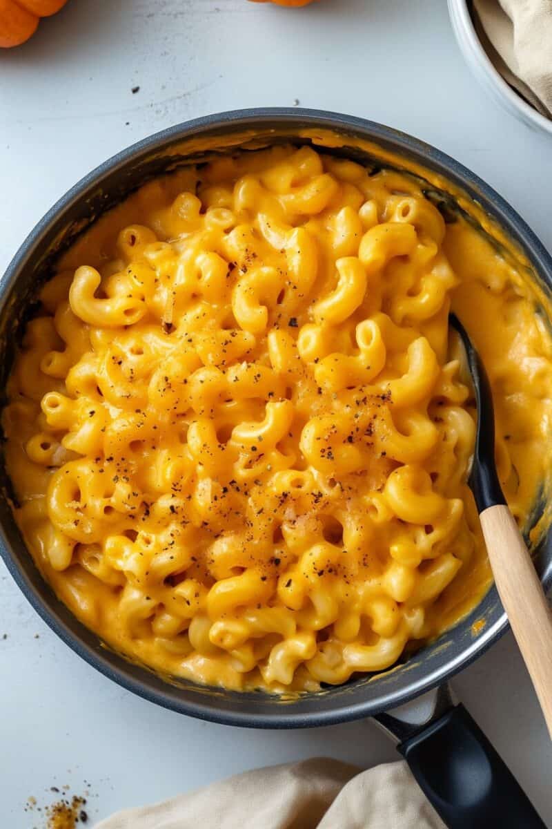  A pot filled with creamy Pumpkin Mac and Cheese, topped with a sprinkle of black pepper, with a spoon ready to serve.