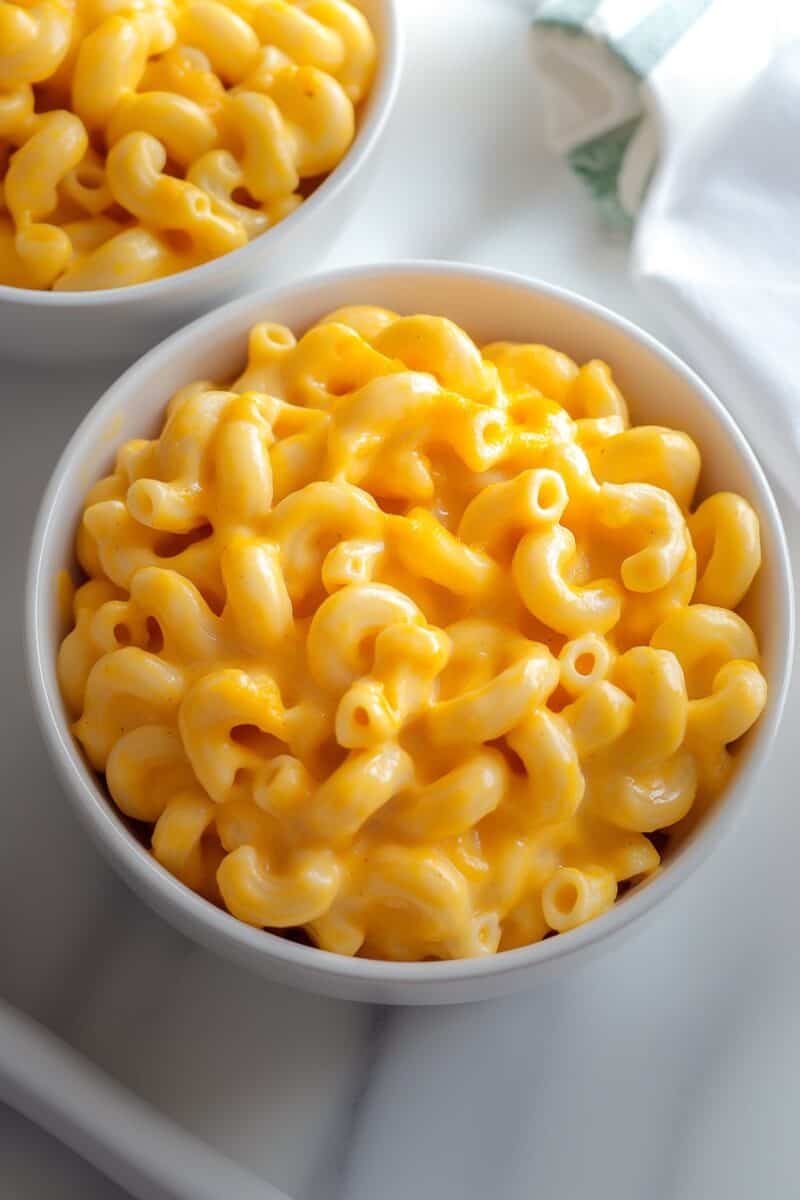 A close-up of two bowls of Pumpkin Mac and Cheese, showcasing the creamy, cheesy sauce enveloping the elbow macaroni, perfect for a cozy meal.