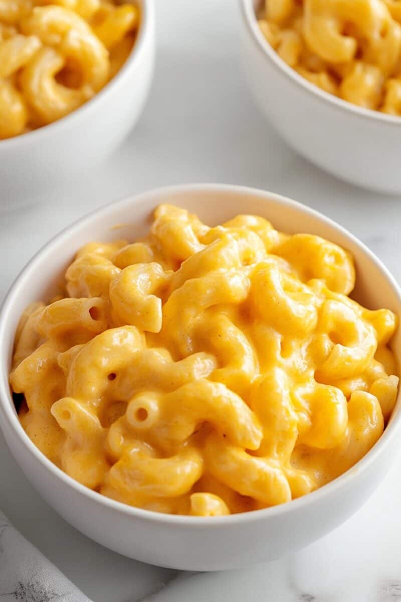 A close-up view of a bowl filled with creamy Pumpkin Mac and Cheese, showcasing the rich, cheesy sauce coating the elbow macaroni. In the background, two more bowls of mac and cheese are slightly out of focus.