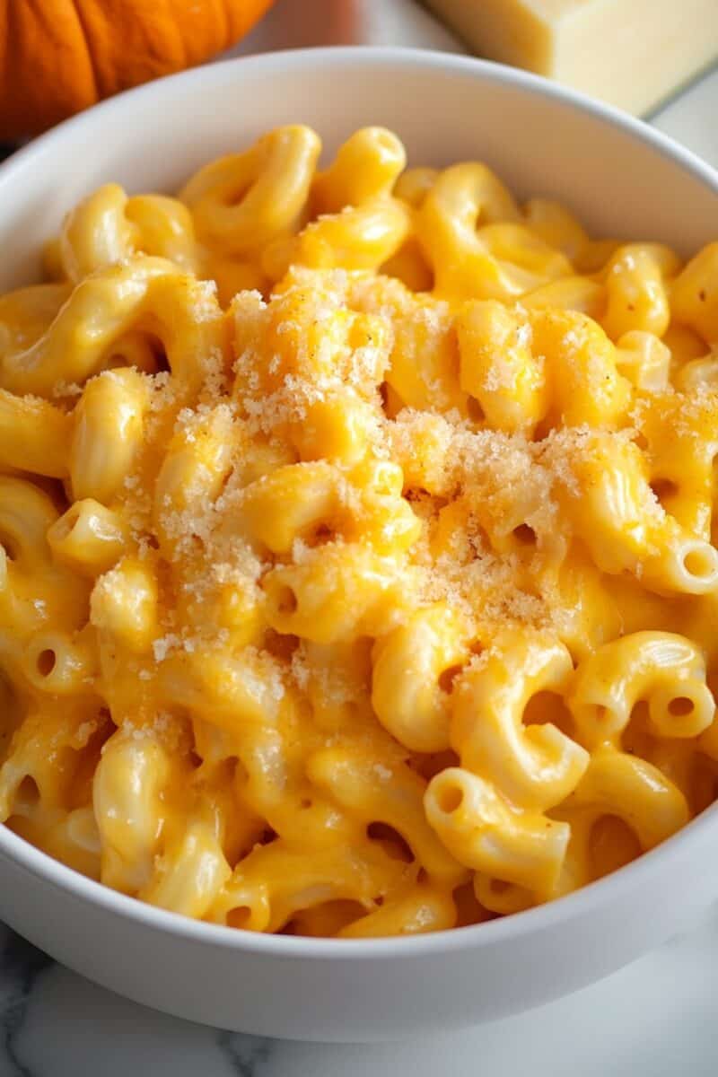 A close-up view of a bowl filled with creamy Pumpkin Mac and Cheese, showing the rich, cheesy sauce coating the elbow macaroni.