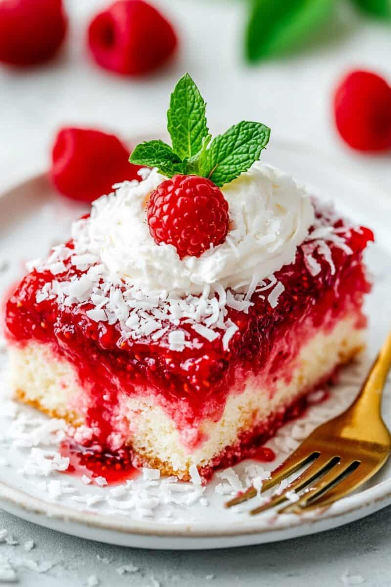 A mouthwatering piece of Raspberry Zinger Poke Cake on a white plate. The layers of white cake, raspberry filling, whipped cream, and coconut flakes are clearly visible, with a fresh raspberry and mint leaf on top.