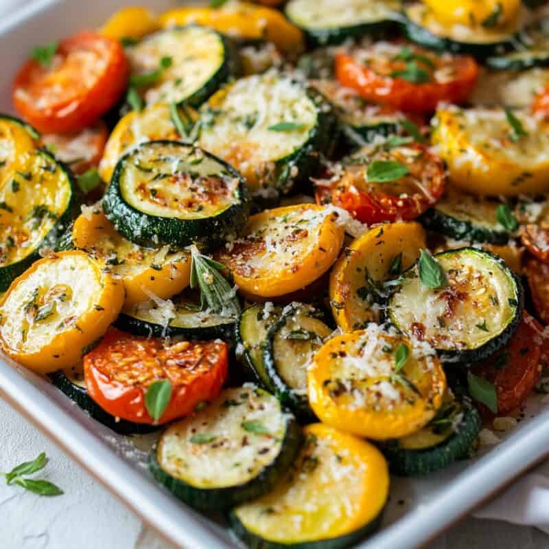 Vibrant roasted vegetables, including zucchini, yellow squash, and tomatoes, sprinkled with Parmesan and fresh herbs, displayed on a white dish.