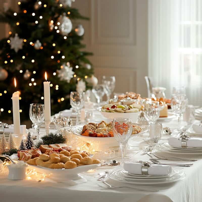 Elegant Thanksgiving potluck table featuring a spread of appetizers, main dishes, and desserts, beautifully decorated with candles and Christmas ornaments.