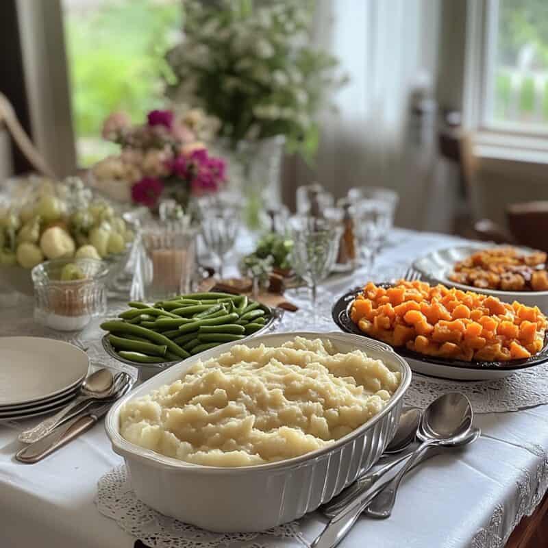 A close-up of a table set for Thanksgiving potluck side dishes, showcasing classic side dishes like mashed potatoes, green beans, and sweet potatoes. The table is decorated with elegant glassware, plates, and floral arrangements, adding to the holiday charm.