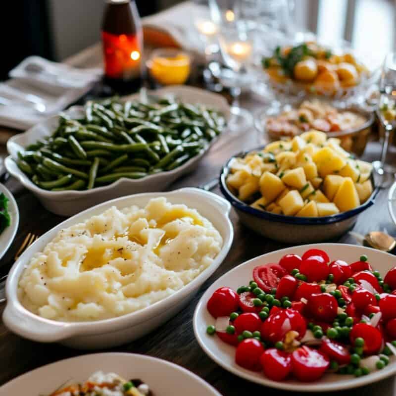 A beautifully set Thanksgiving table adorned with various Thanksgiving Side Dishes for a Crowd, including bowls of bright yellow squash, roasted potatoes, zucchini, and cherry tomatoes, ready to serve a large gathering.