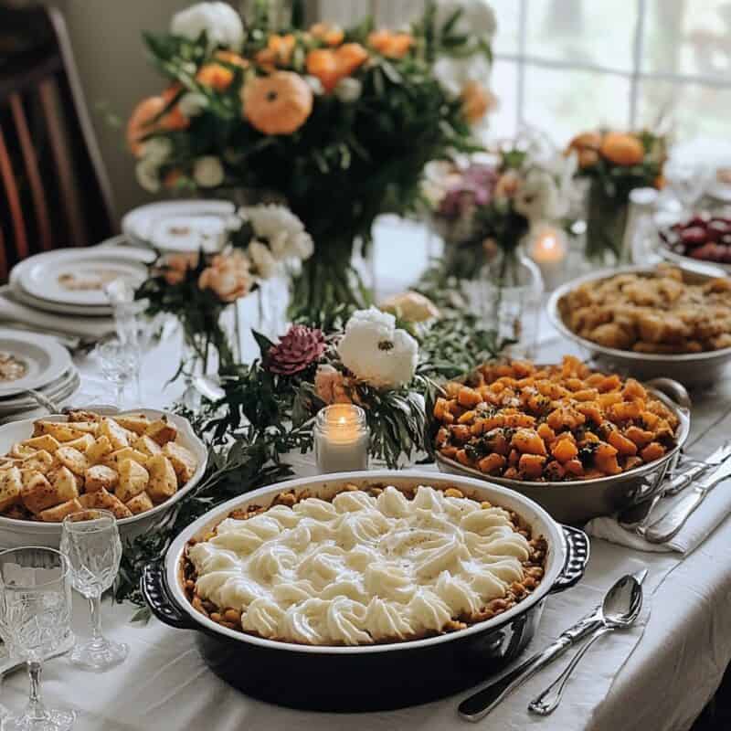 A beautifully set Thanksgiving table featuring an array of traditional side dishes including mashed potatoes, roasted vegetables, and sweet potato casserole. The table is decorated with elegant floral arrangements and lit candles, creating a warm and festive atmosphere.