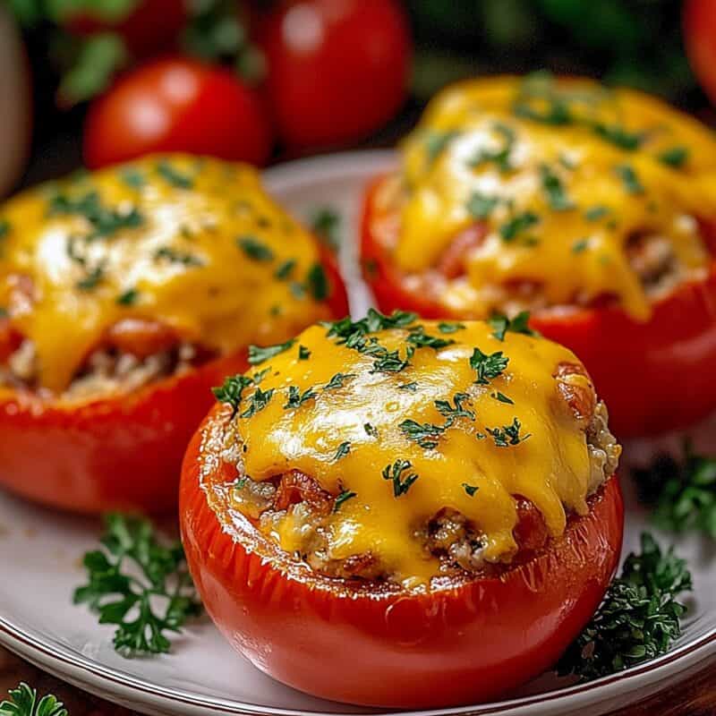 Three Tuna Melt Stuffed Tomatoes on a white plate, showcasing juicy tomatoes filled with tuna salad, topped with melted cheddar, and garnished with parsley. Perfect for cheese stuffed tomatoes and low-carb stuffed tomato recipes.