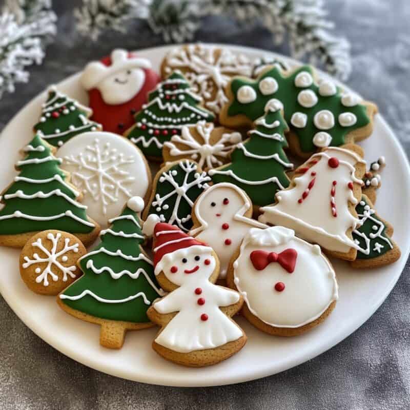 A plate of beautifully decorated Vegan Christmas Cookies, featuring festive designs like Christmas trees, snowmen, and snowflakes, all adorned with colorful icing, ideal for holiday enjoyment.