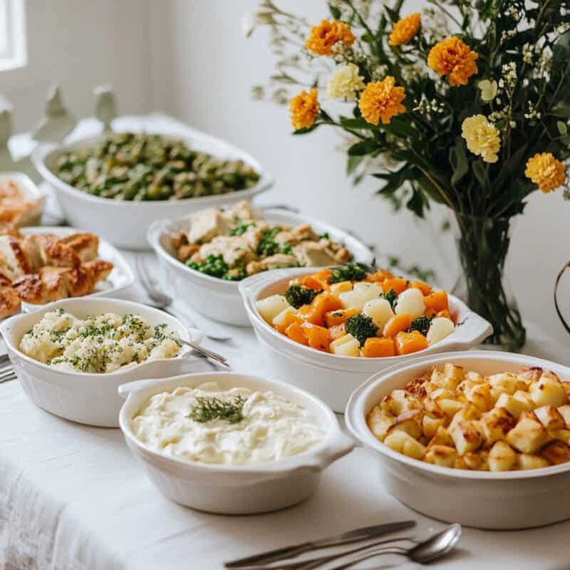 A beautifully set Thanksgiving table with an array of vegan side dishes in white serving bowls. The table features colorful dishes like mashed potatoes, roasted vegetables, and greens, all garnished and arranged neatly. Fresh flowers in a vase add a festive touch to the setting.