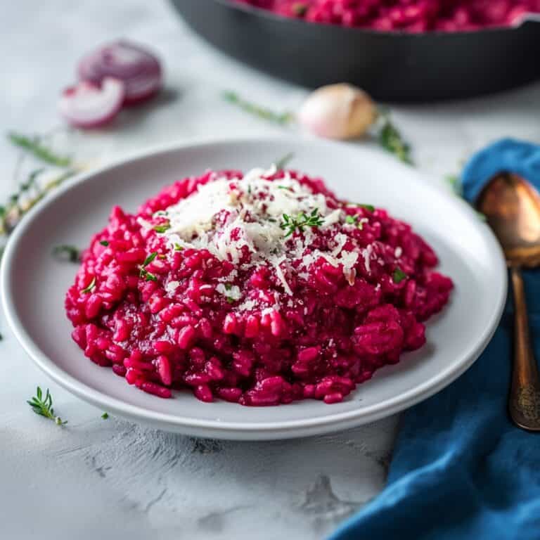 A square-shot of beet risotto, featuring a bold, vibrant color and garnished with fresh thyme, showcasing the dish's rich texture and creamy finish.