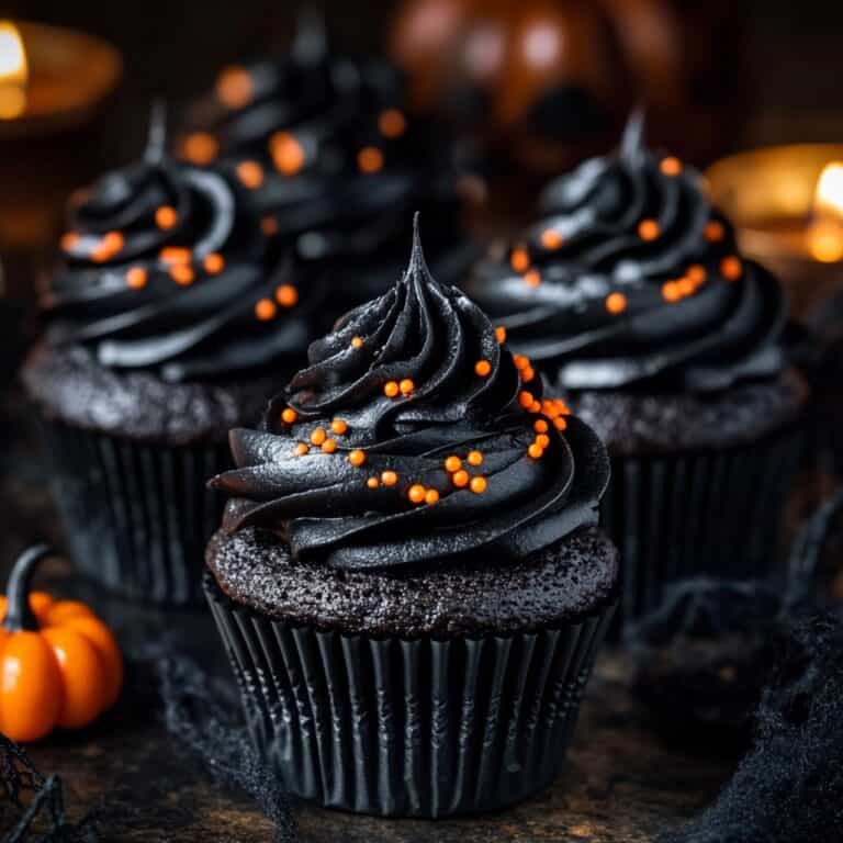 Black velvet cupcakes with black frosting and orange sprinkles, arranged on a dark surface, with Halloween decor like candles and spiders nearby.