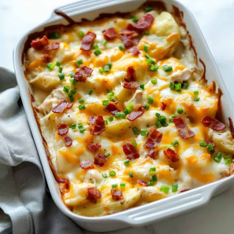 A fully baked Chicken Bacon Ranch Potato Bake in a white casserole dish, topped with melted cheddar cheese, crispy bacon, and garnished with chopped green onions. The golden cheese and fresh garnishes give the dish a hearty, comforting appeal.