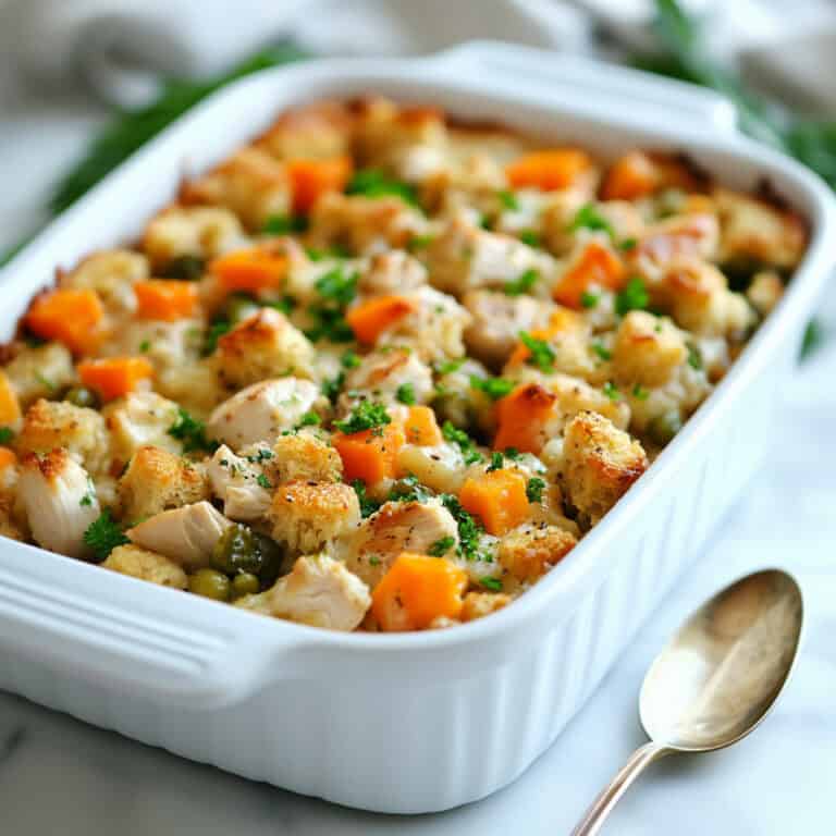 A delicious Chicken Stuffing Casserole in a white baking dish, featuring golden-brown stuffing, chunks of tender chicken, and vibrant orange carrots, garnished with fresh herbs. A spoon rests beside the dish, ready for serving.