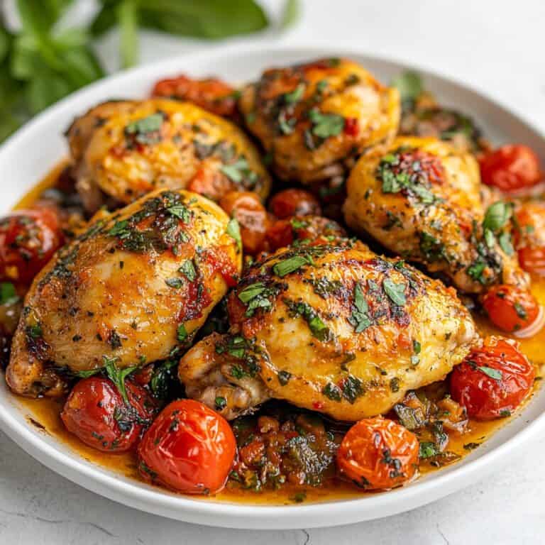 Four baked chicken thighs in a creamy sauce, garnished with sun-dried tomatoes and fresh spinach, representing a Crockpot Tuscan Chicken recipe, served on a white dish.