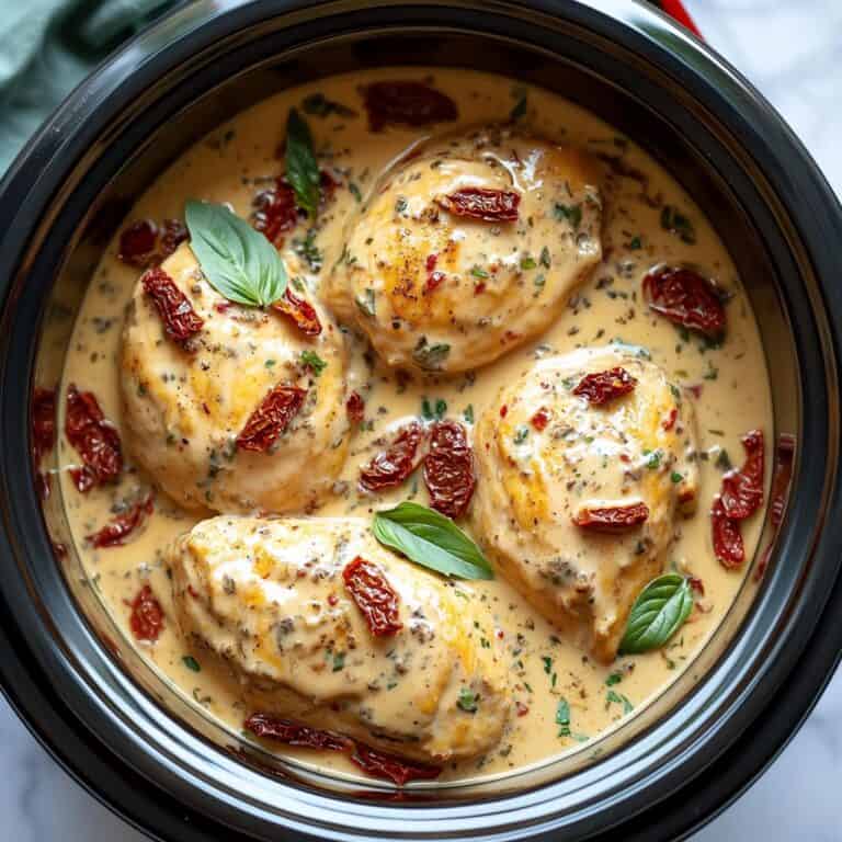 Overhead view of Crockpot Marry Me Chicken in a slow cooker, featuring tender chicken breasts, sun-dried tomatoes, and a rich creamy sauce.