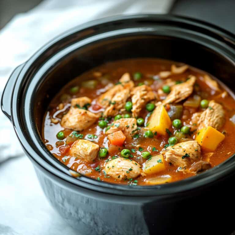 Close-up of a hearty chicken stew in a crockpot, featuring tender chunks of chicken, peas, potatoes, and carrots in a rich broth.