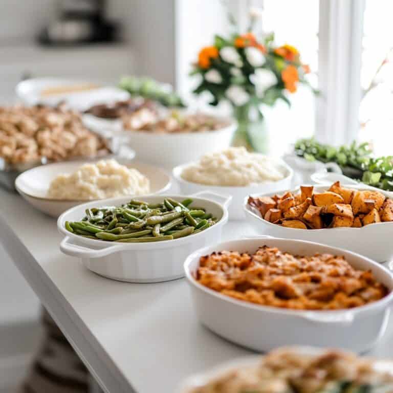 A Thanksgiving dinner spread with various crockpot Thanksgiving side dishes, including mashed potatoes, green beans, roasted sweet potatoes, and a savory casserole. The dishes are served in white bowls, and the table is decorated with fresh greenery and flowers, creating a warm and inviting holiday setting.