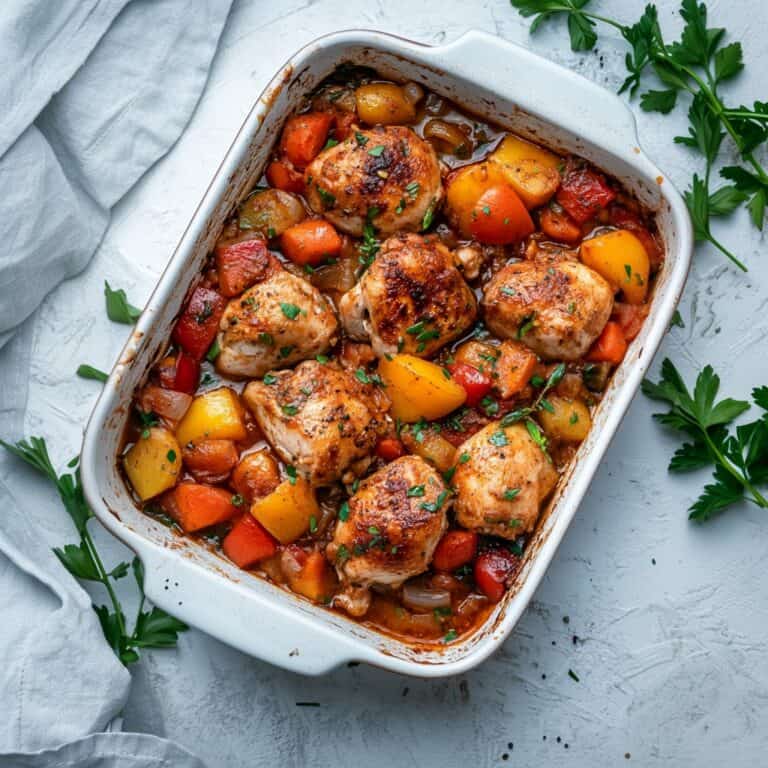 A delicious fall dinner recipe featuring tender roasted chicken thighs in a white baking dish, surrounded by vibrant autumn vegetables such as carrots, bell peppers, and potatoes. The dish is garnished with fresh parsley and placed on a light, textured surface with a white cloth on the side. This hearty meal captures the warmth and colors of fall, perfect for cozy dinners.