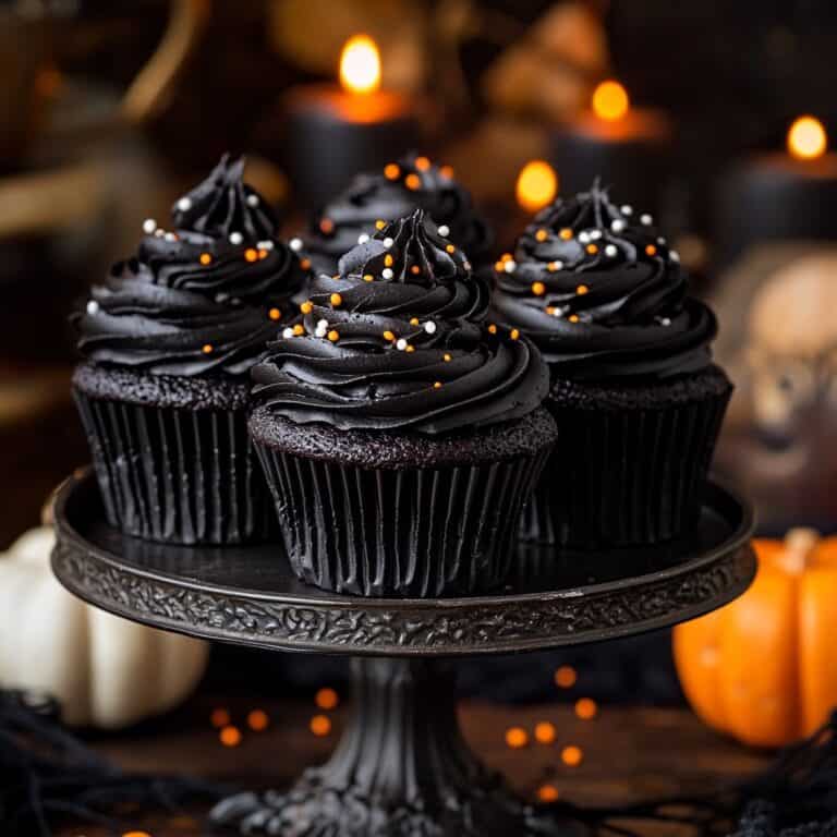 A group of gluten-free black velvet cupcakes displayed on a black cake stand, topped with black frosting and orange and white sprinkles, with Halloween candles glowing in the background.