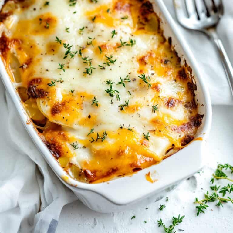 A freshly baked Ground Pork and Potato Casserole seen from above, with golden-brown potatoes layered over seasoned pork, melted cheddar cheese, and crispy breadcrumbs. The casserole dish sits on a white stone background with a serving spoon nearby.