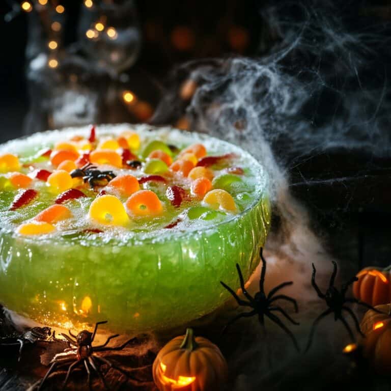 a Halloween cocktail, a large green punch bowl filled with colorful gummy candies and a frothy, bubbly surface. The bowl is surrounded by spooky Halloween decorations like miniature pumpkins, plastic spiders, and cobwebs, creating a festive and eerie atmosphere perfect for a Halloween party.