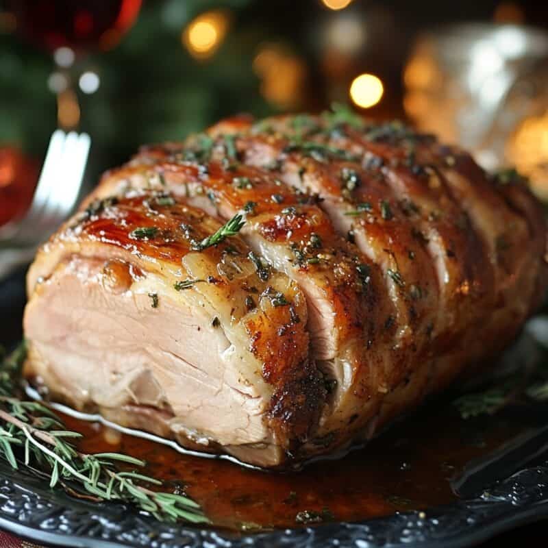 Keto Thanksgiving Recipes featuring A succulent roasted pork loin glazed with a savory herb and garlic sauce, garnished with fresh rosemary sprigs, perfect for a keto Thanksgiving meal. The pork loin is golden brown and juicy, sitting on a dark plate, with a warm, festive background.