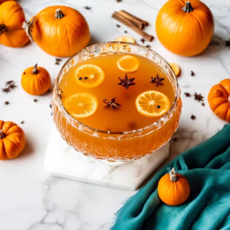 Crystal bowl filled with Pumpkin Patch Punch, garnished with citrus slices and star anise, surrounded by small pumpkins.