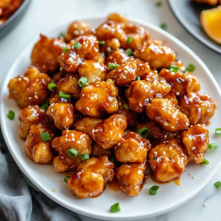 Slow Cooker Orange Chicken. A plate of golden, bite-sized pieces of orange chicken glazed in a sweet and tangy sauce. The chicken is garnished with sesame seeds and chopped scallions for a fresh, vibrant finish.