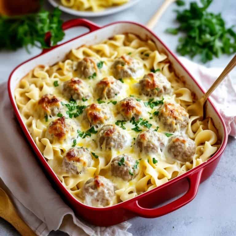 A square casserole of Swedish Meatball Pasta Bake, featuring golden-brown baked meatballs on top of creamy noodles, topped with melted cheese and fresh parsley for garnish.