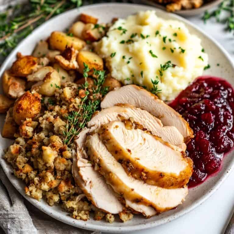 A Thanksgiving plate featuring sliced turkey breast with gravy, mashed potatoes, roasted potatoes, cranberry sauce, and stuffing, garnished with fresh herbs.Thanksgiving Potluck Ideas