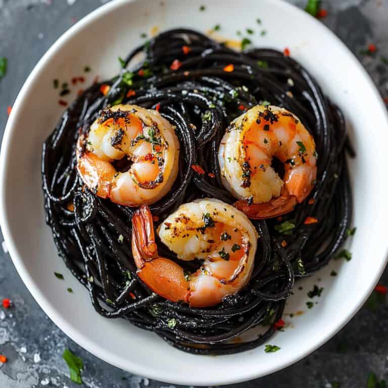 Vampire Pasta served in a white bowl, with black squid ink pasta and garlic shrimp. This visually captivating dish is a perfect Halloween dinner option, both spooky and flavorful.