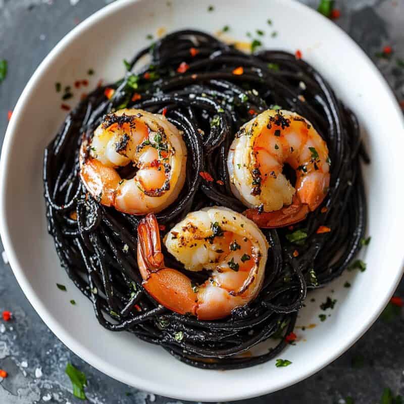 Vampire Pasta served in a white bowl, with black squid ink pasta and garlic shrimp. This visually captivating dish is a perfect Halloween dinner option, both spooky and flavorful.