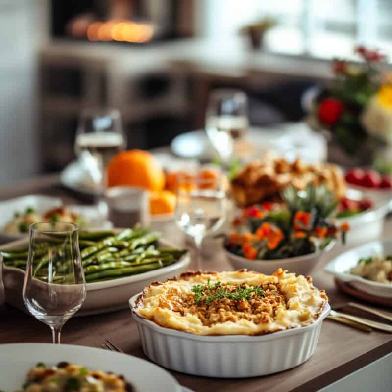 Vegan Thanksgiving Recipes. A beautifully set Thanksgiving dinner table showcasing a variety of vegan dishes. Featured are a creamy vegan shepherd’s pie topped with fresh herbs, sautéed green beans, and other vibrant side dishes. The setting is cozy with warm lighting and autumn decorations, perfect for a festive holiday meal.