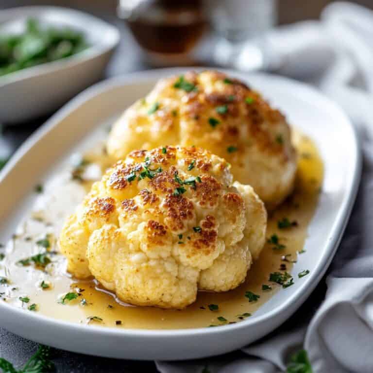 Whole Roasted Cauliflower With Butter Sauce – Two beautifully roasted cauliflower heads, golden and caramelized, sitting in a pool of butter sauce, garnished with fresh parsley, served on a white platter.