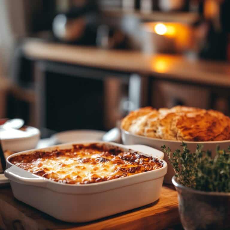 A square image of a comforting fall casserole topped with melted cheese, alongside a bowl of freshly baked bread. The dish is set on a rustic wooden table, with a warm, candlelit kitchen scene in the background, evoking cozy fall vibes. Fall dinner ideas.